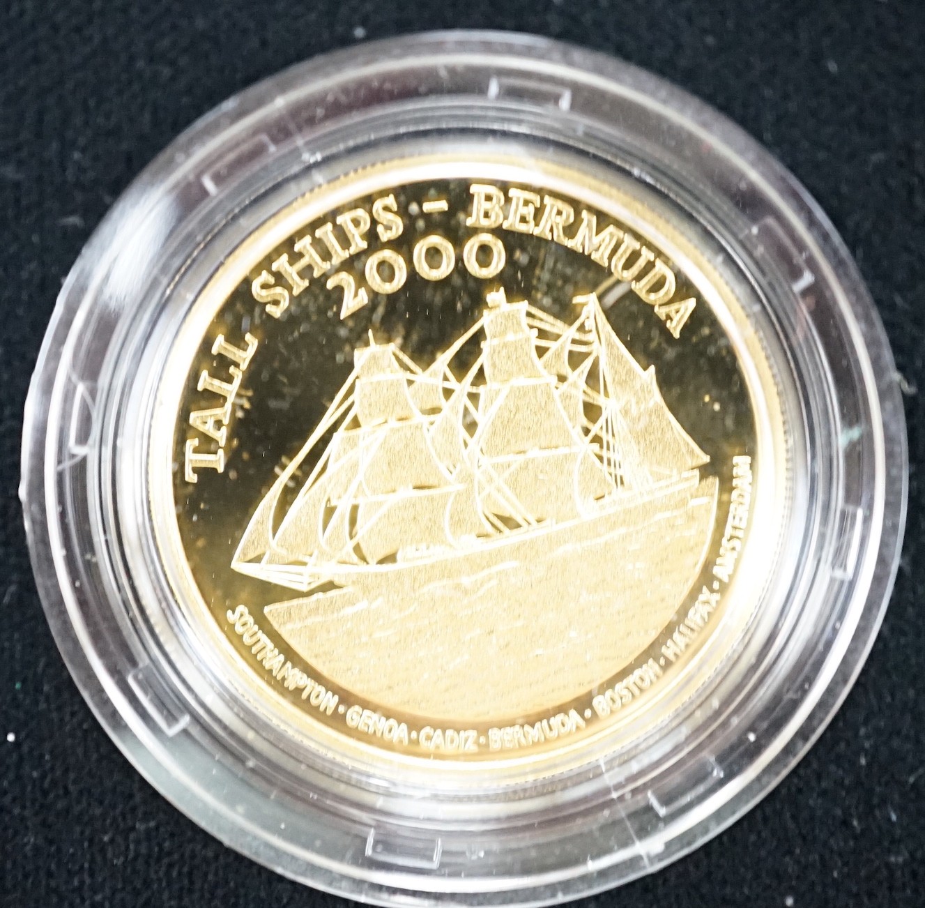 A cased Tall Ships Bermuda 2000 Race of the Century Commemorative gold proof $15 coin, with certificate, no. 0387.